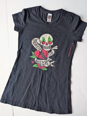 Ed Hardy by Christian Audigier Women's Black Tee Heart Skull Death of Love Sz:XS